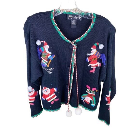 Vtg GLADYS BAGLEY Sweater Cardigan Knit Christmas Santa Women’s Medium - Picture 1 of 8
